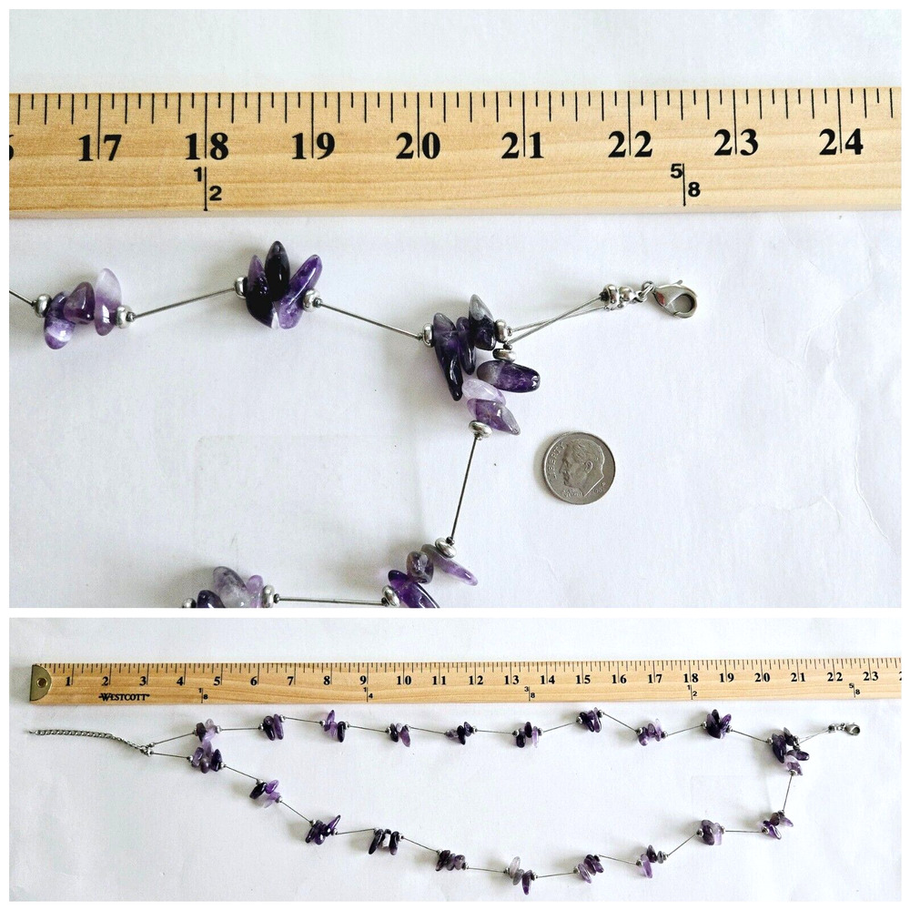 Amethyst Necklace Purple Stone Silvertone Statement Modern Brutalist Maximalist - Picture 10 of 10